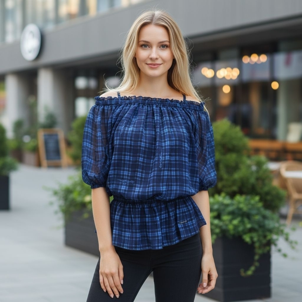 Apple Bottoms Navy Plaid Off-Shoulder Blouse Size L